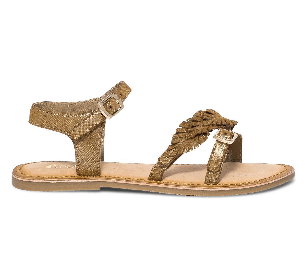 Sandale camel en cuir métallisé or à feuilles