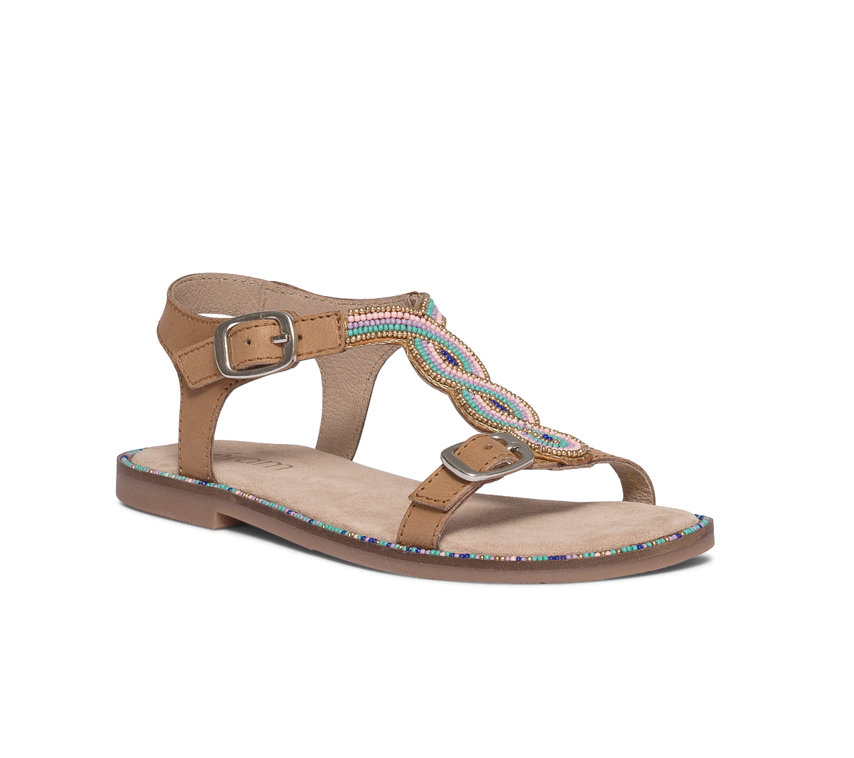 Sandale beige en cuir brodée perles bleues