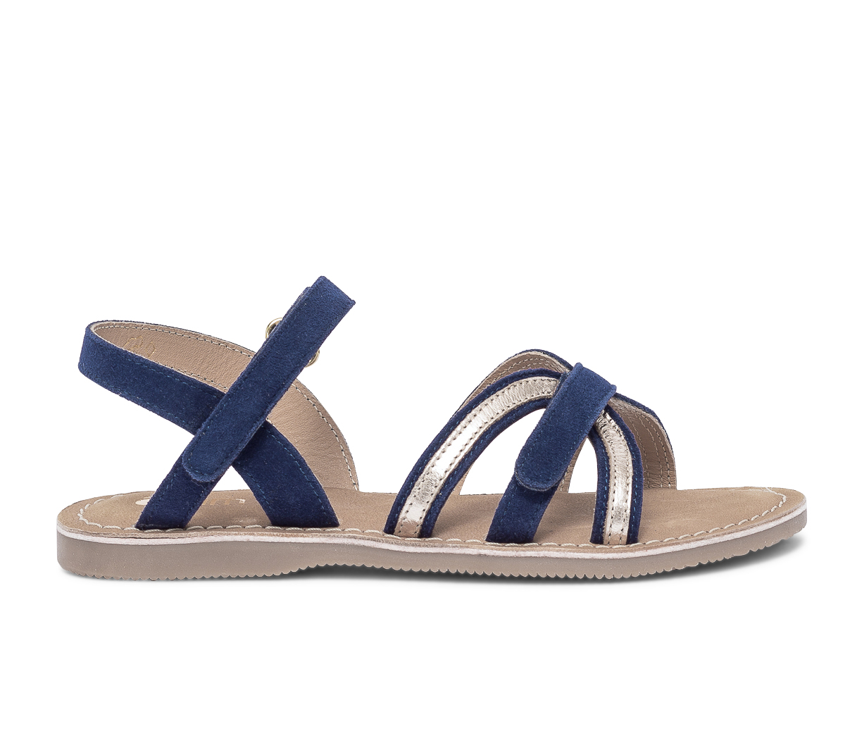 Sandale marine et or en cuir velours
