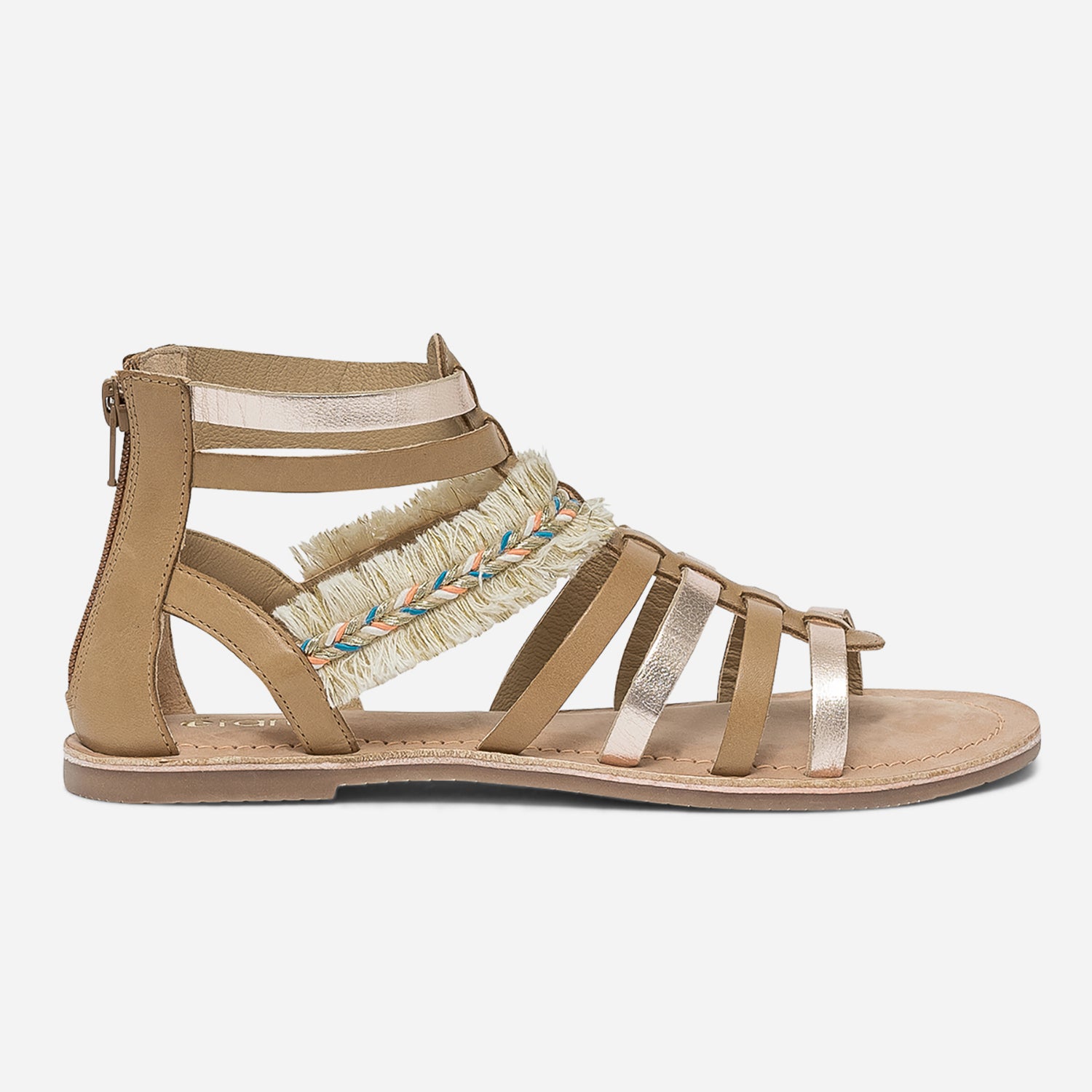 Sandale spartiate camel et doré en cuir avec galon frangé
