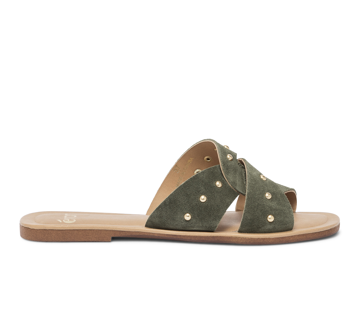 Mule TEXTO kaki en cuir velours clouté