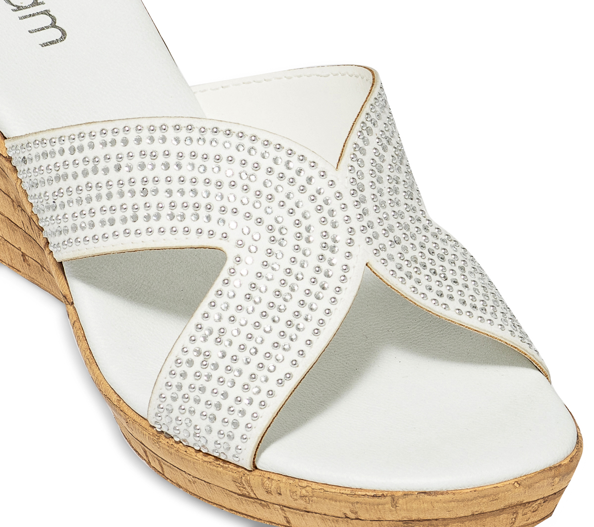 Mule compensée blanche à strass et clous
