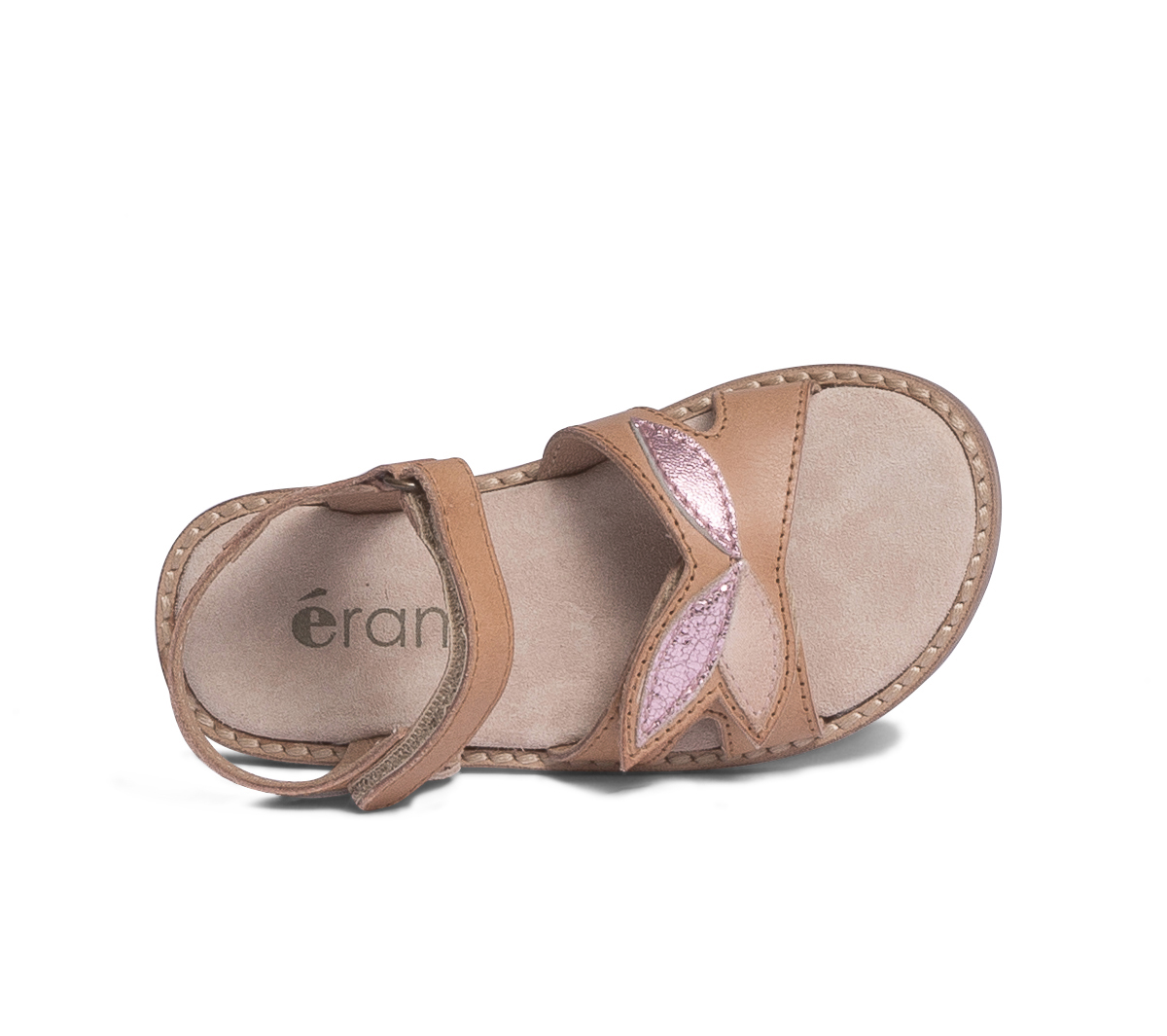 Sandale beige en cuir à scratchs et feuilles roses