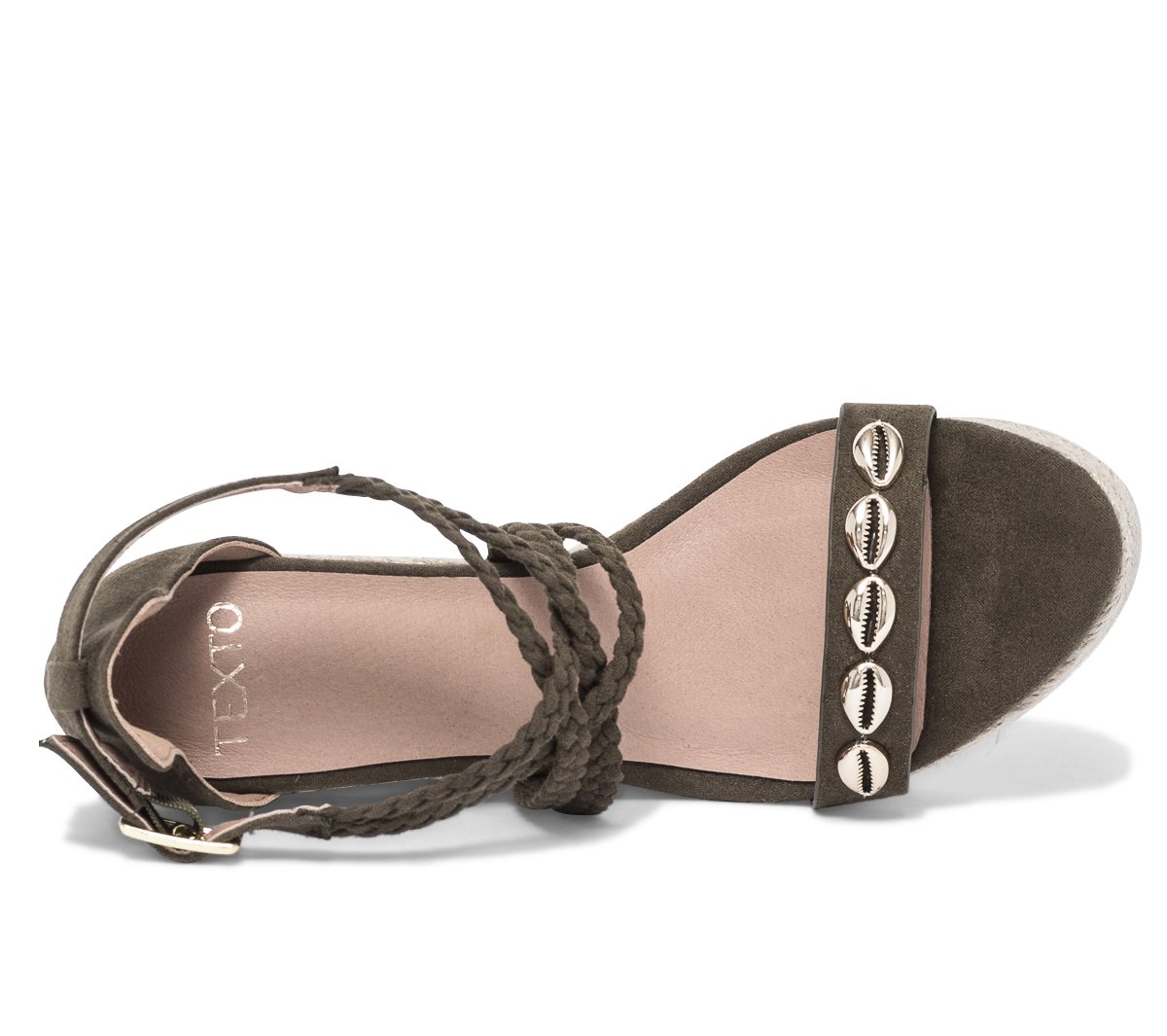 Sandale compensée TEXTO kaki suédé avec coquillages