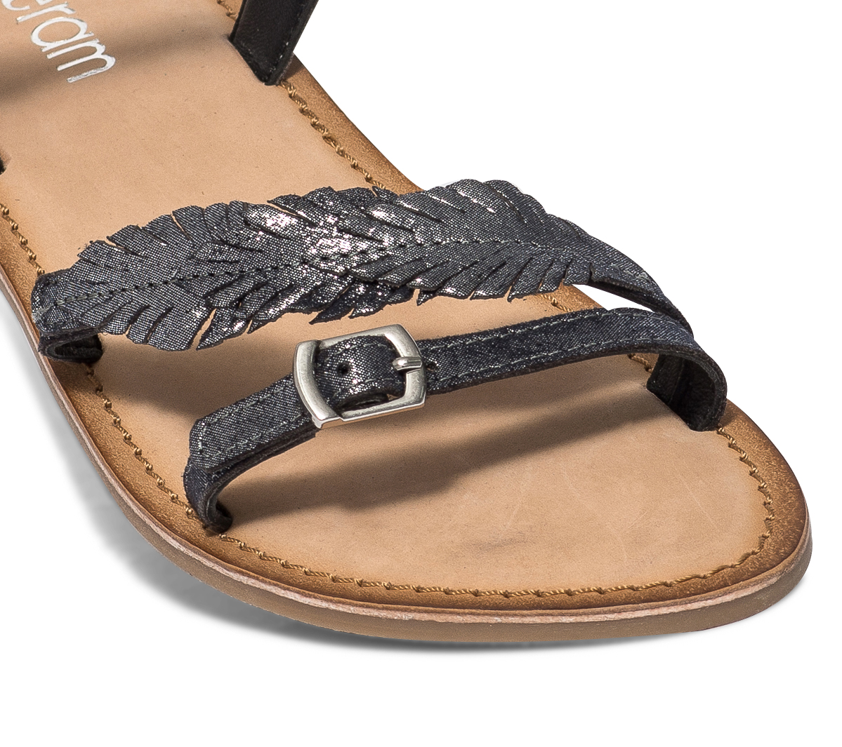 Sandale noire en cuir métallisé à feuilles