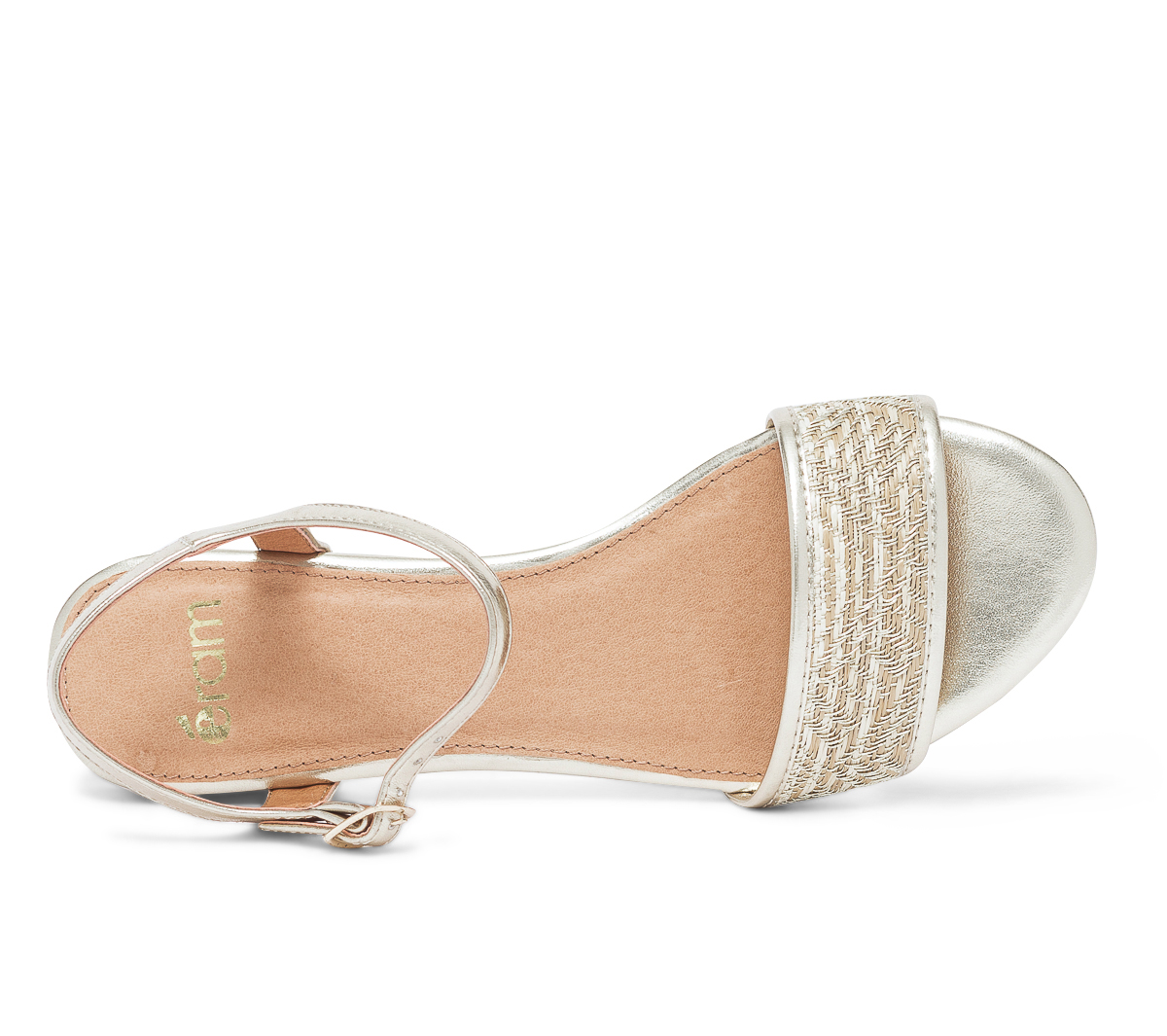 Sandale or à bride beige effet raphia brodée or