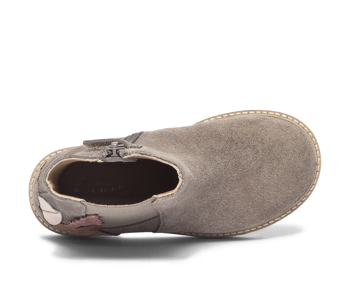 Chelsea boots taupe irisé en cuir velours avec plumes