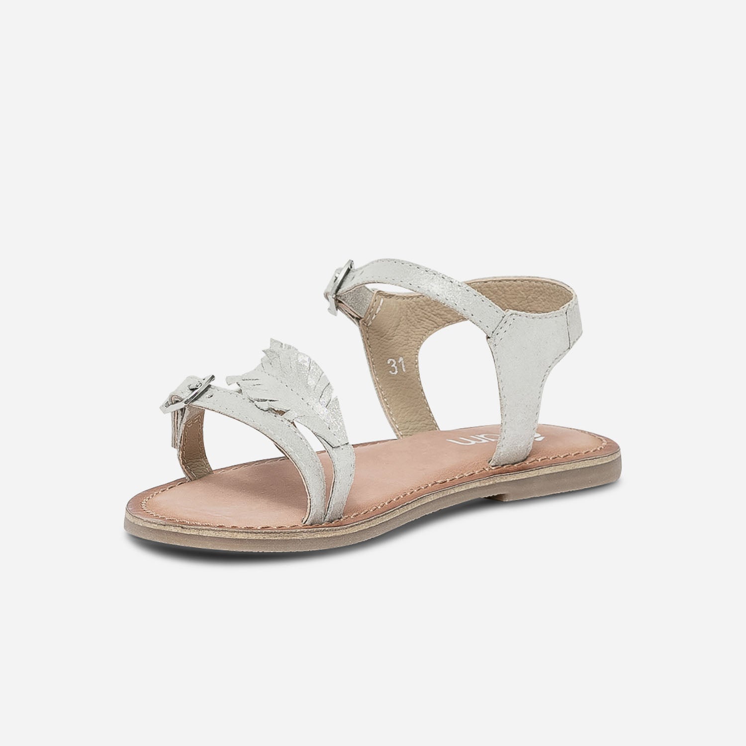 Sandale argentée en cuir irisé à feuilles
