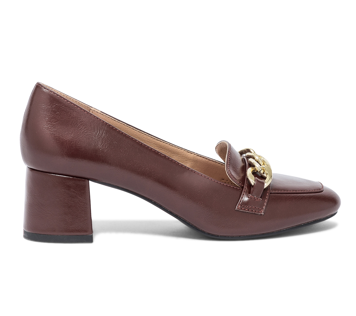 Escarpin cognac à talon et chaîne-bijou