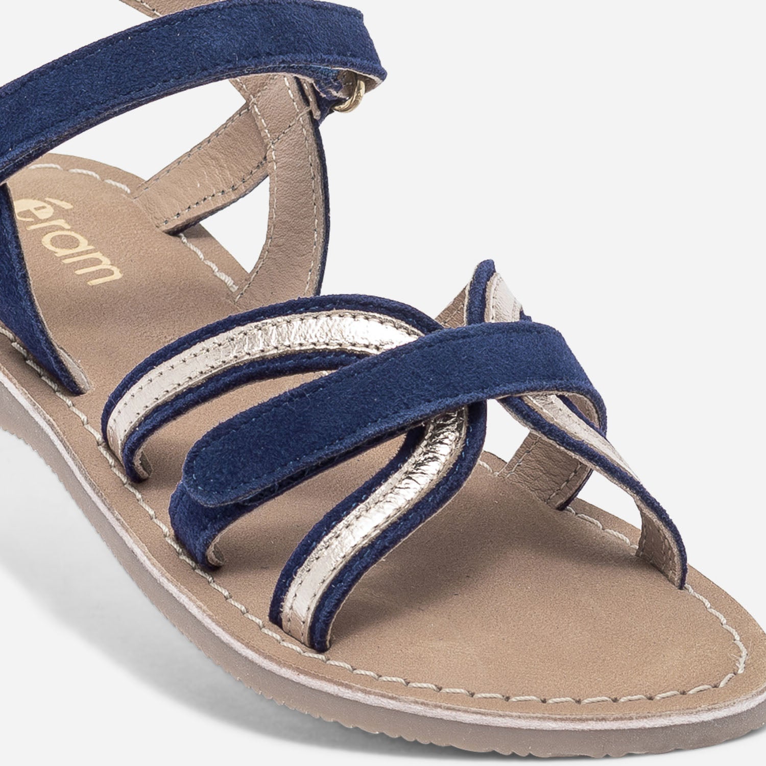 Sandale bleu marine et or en cuir velours