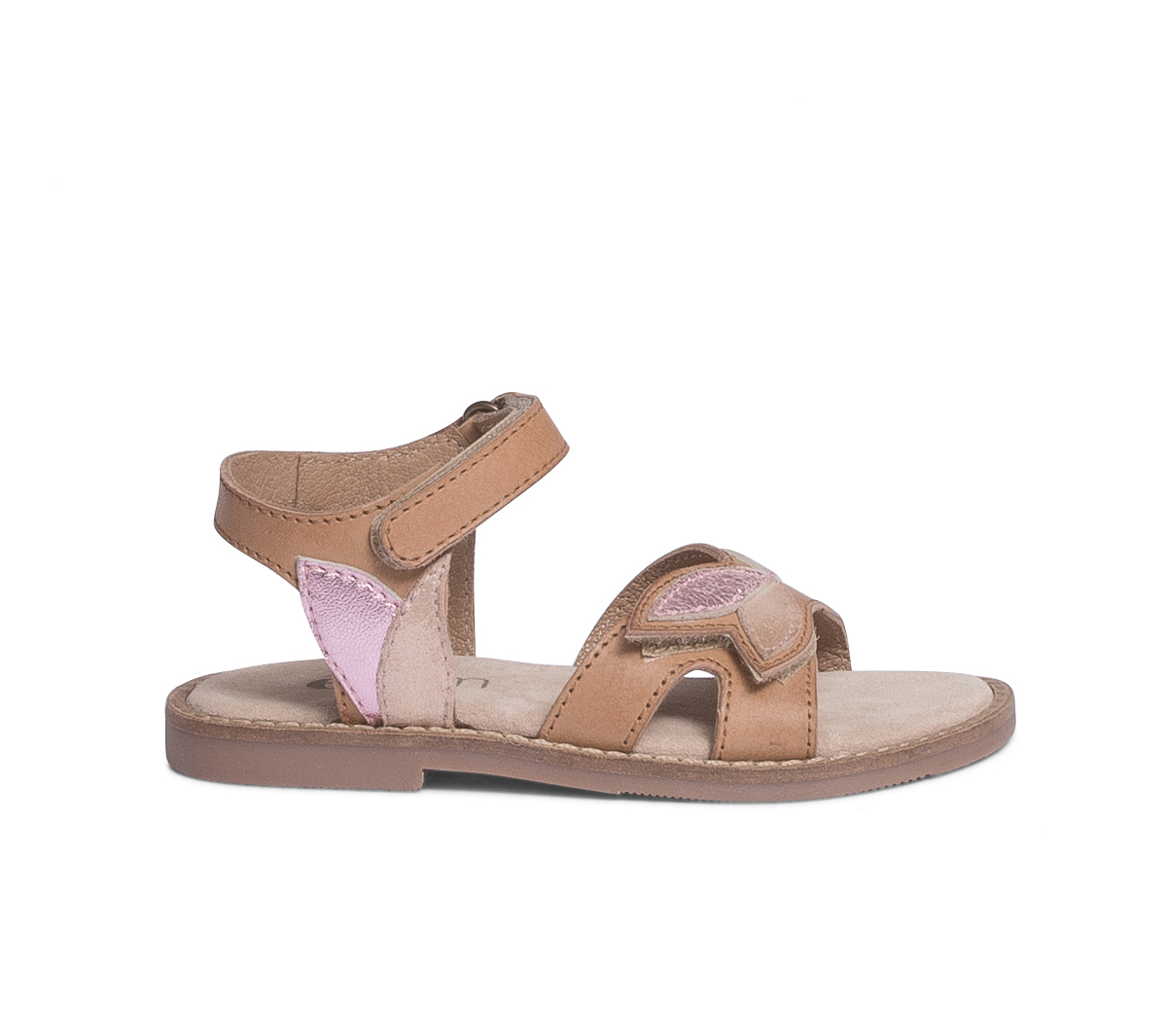 Sandale beige en cuir à scratchs et feuilles roses