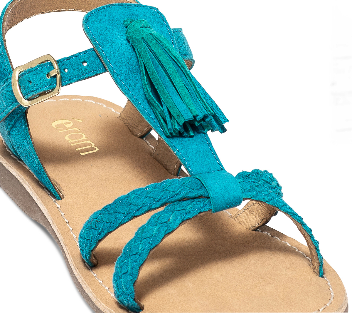 Sandale turquoise en cuir velours avec pampille