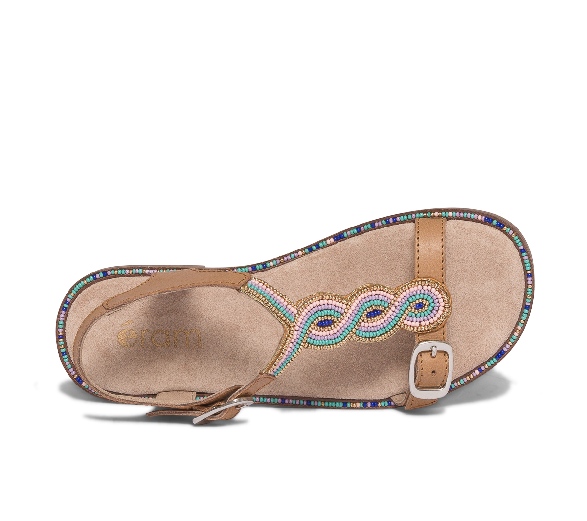Sandale beige en cuir brodée perles bleues