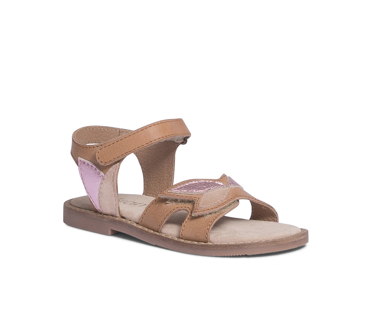 Sandale beige en cuir à scratchs et feuilles roses