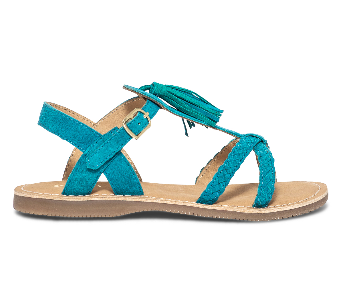 Sandale turquoise en cuir velours avec pampille