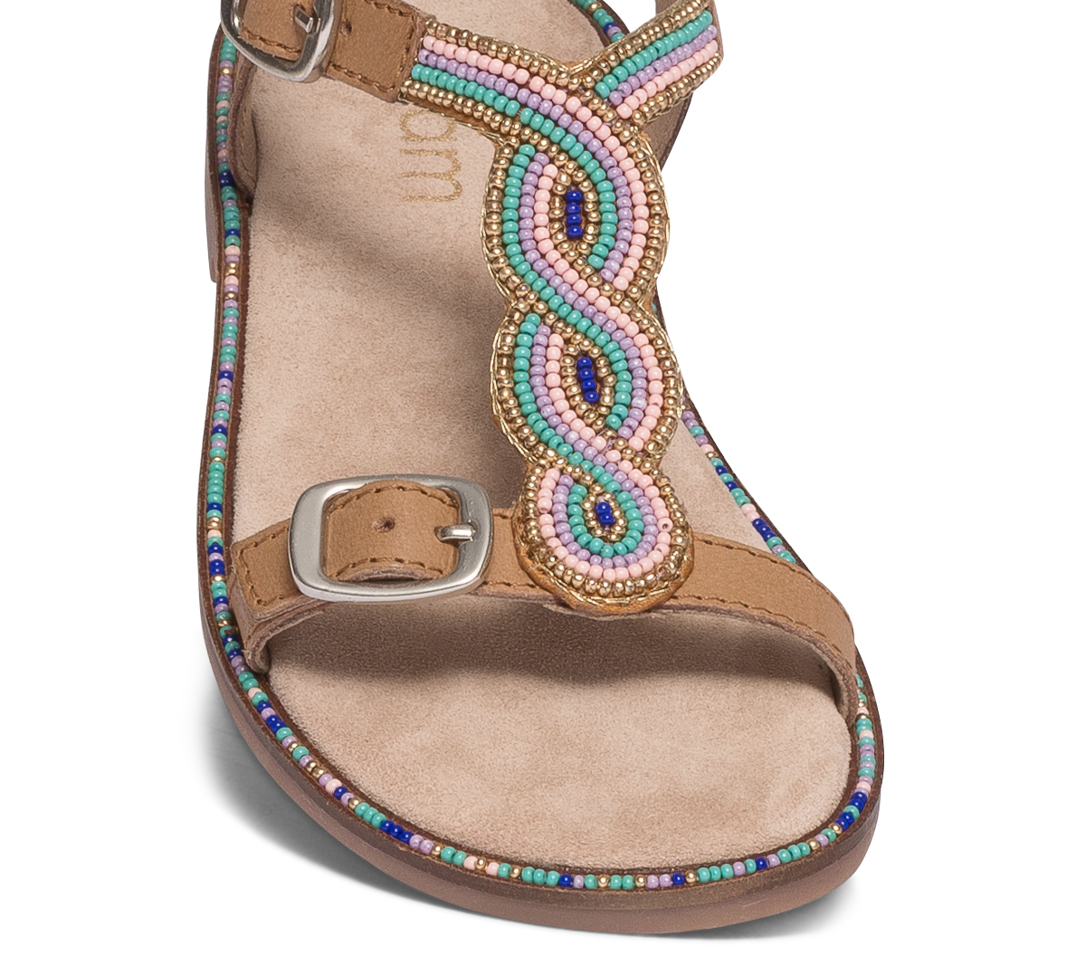 Sandale beige en cuir brodée perles bleues