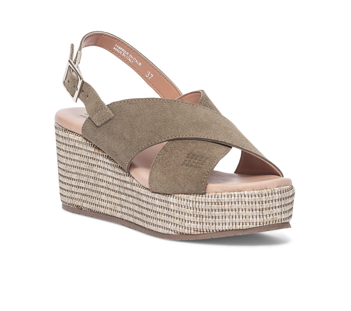 Sandale compensée TBS kaki en cuir velours