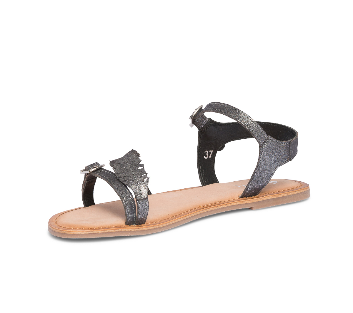 Sandale noire en cuir métallisé avec feuilles