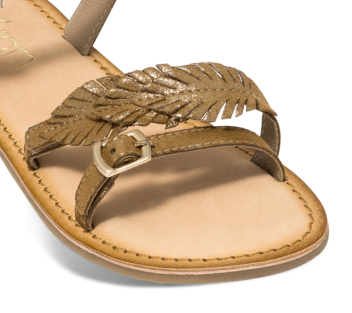 Sandale camel en cuir métallisé or à feuilles