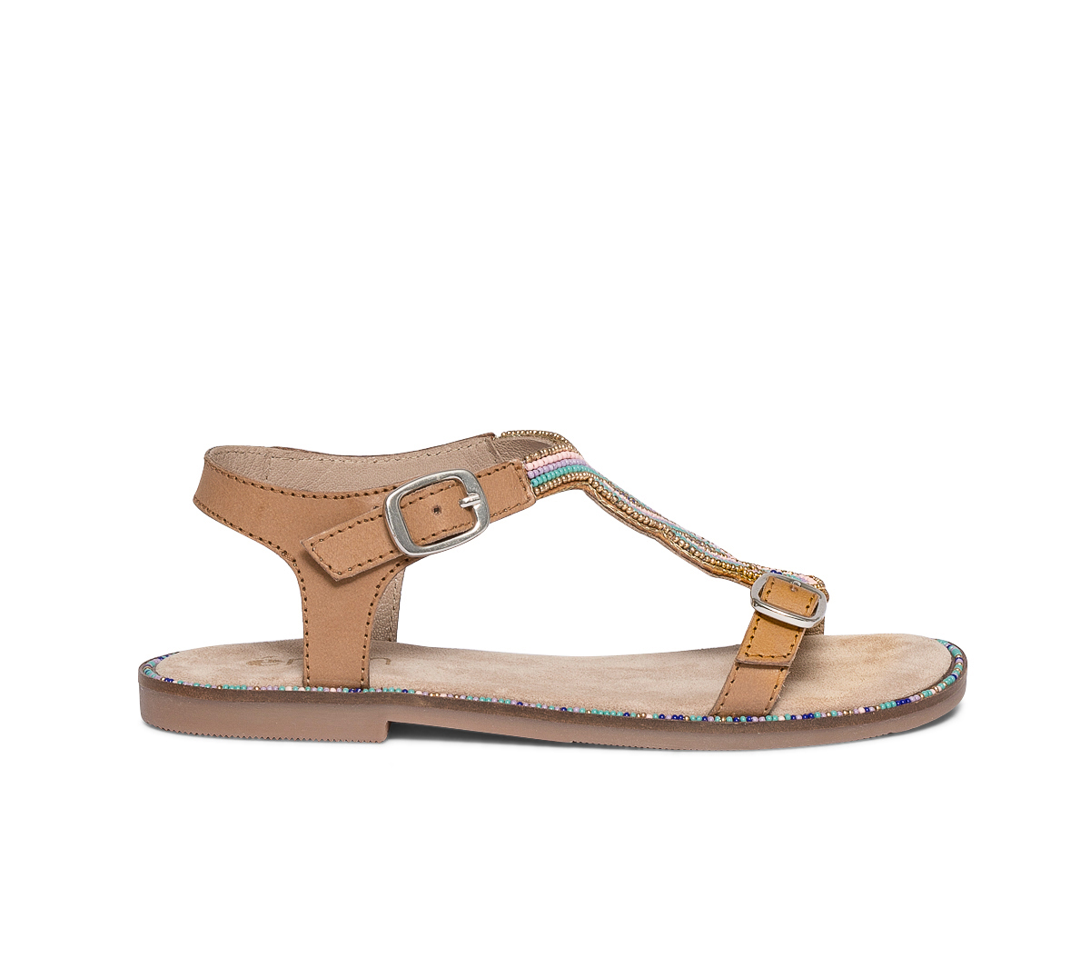 Sandale beige en cuir brodée perles bleues