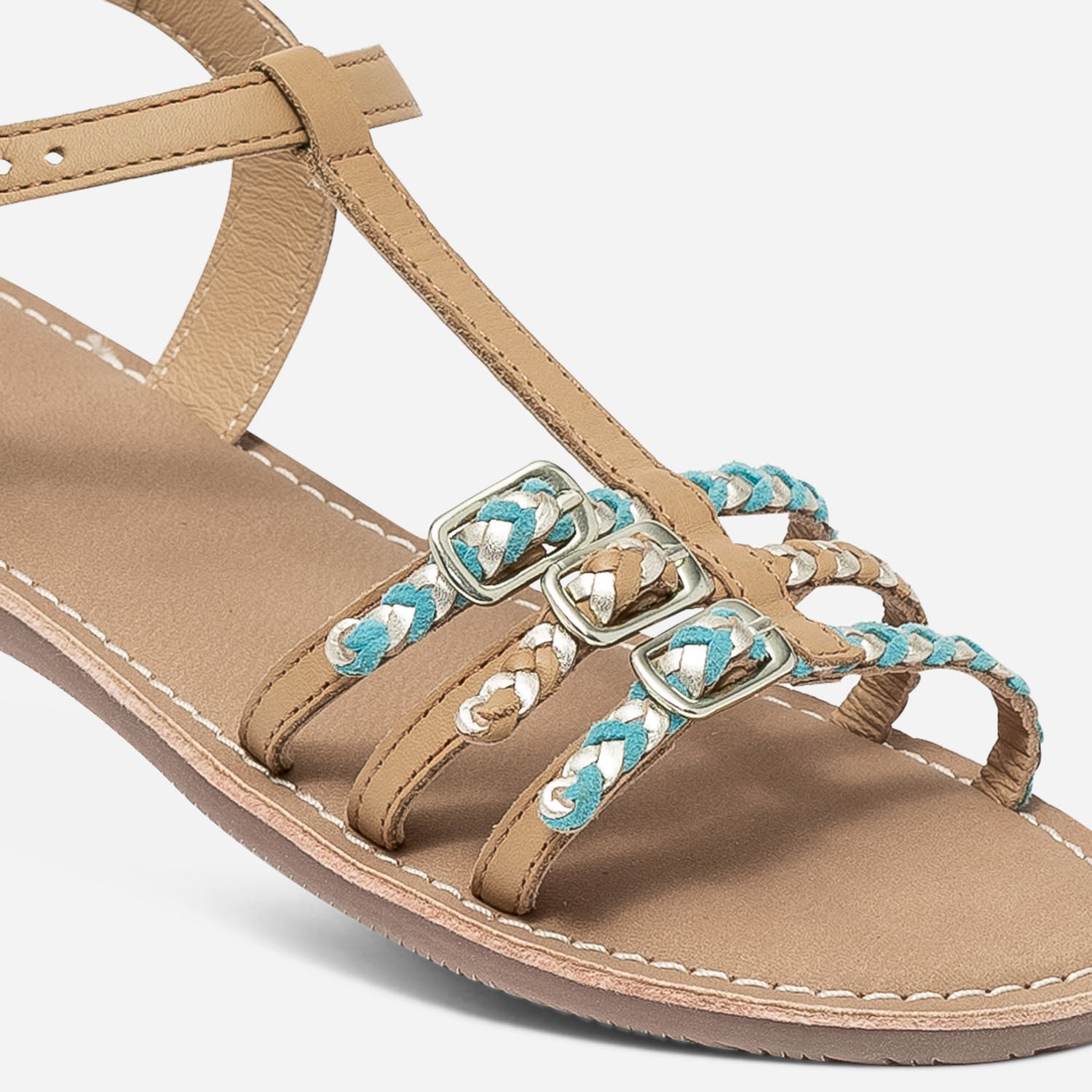 Sandale camel en cuir à brides tressées