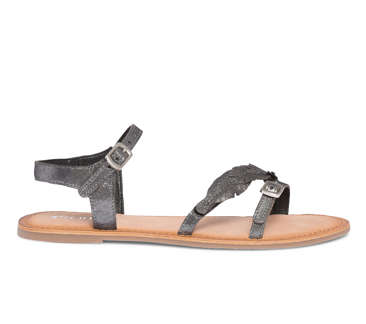 Sandale noire en cuir métallisé avec feuilles
