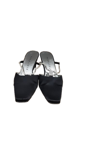 mules à talon de couleur noir avec strass de seconde main