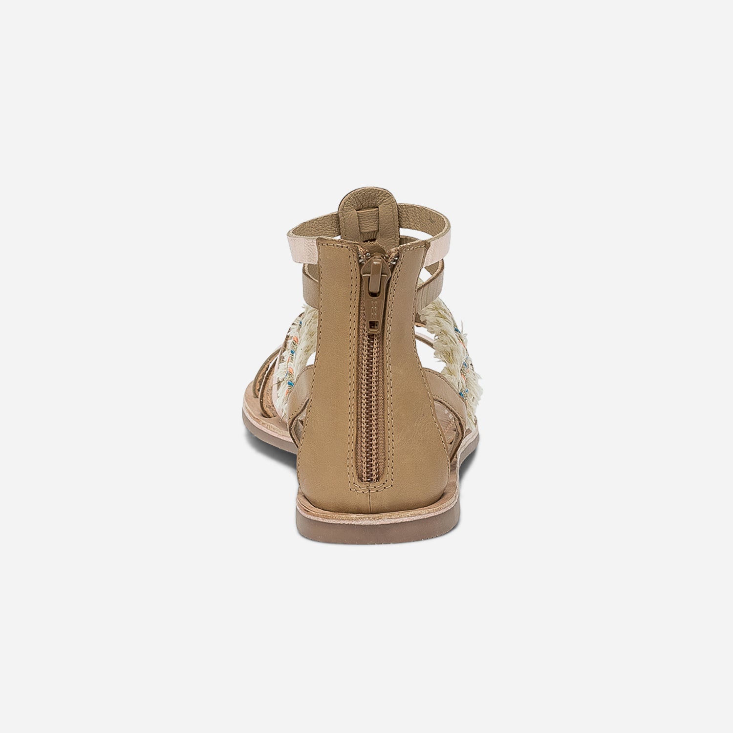 Sandale spartiate camel et doré en cuir avec galon frangé