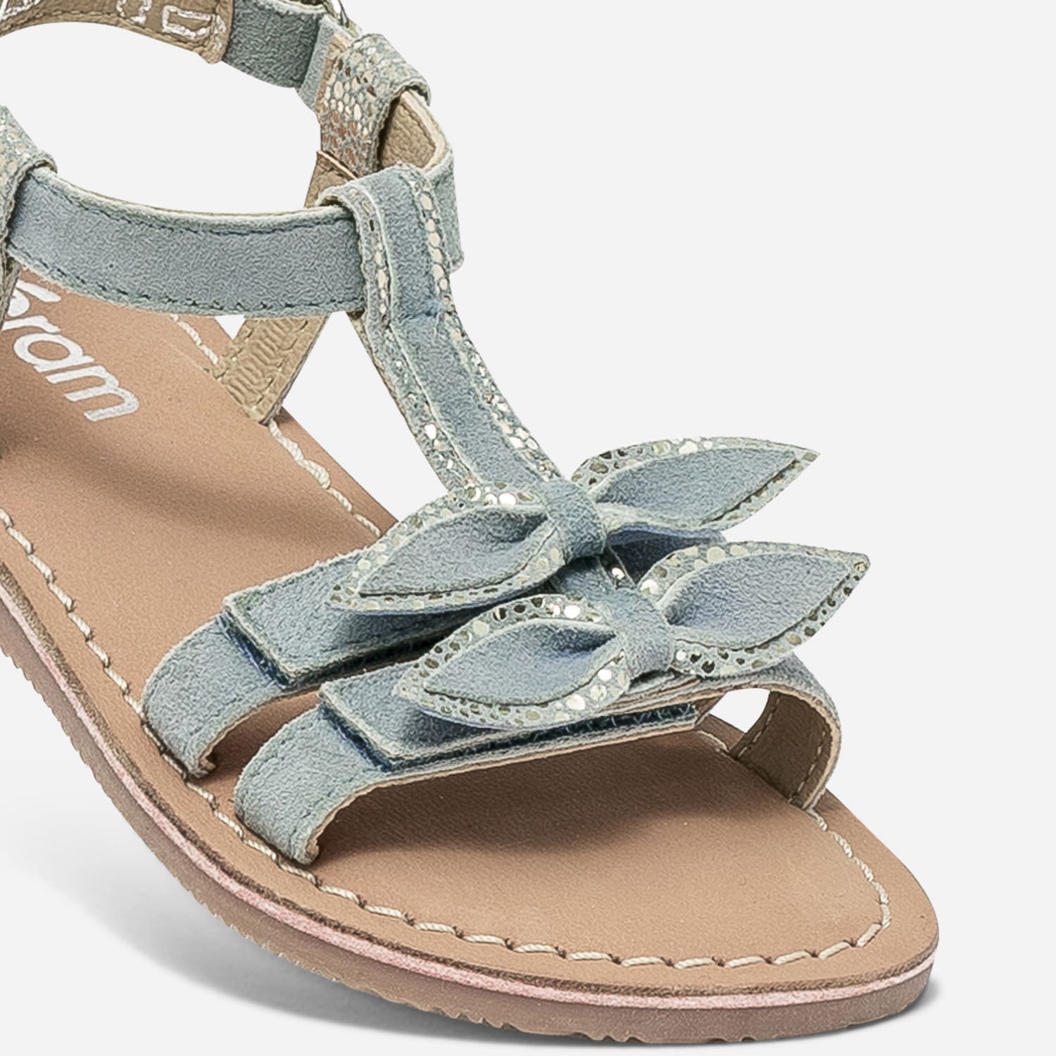 Sandale bleu et argent en cuir velours avec nœuds