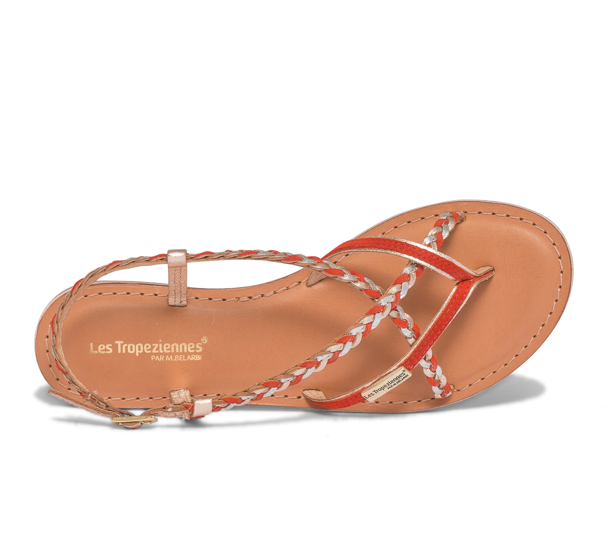 Sandale-tong LES TROPEZIENNES orange et or en cuir tressé