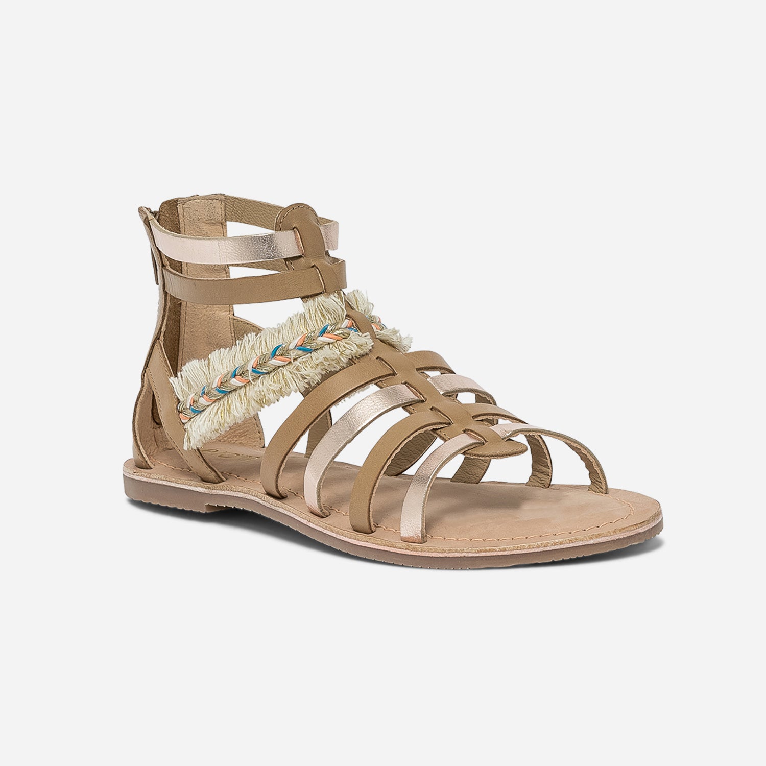 Sandale spartiate camel et doré en cuir avec galon frangé