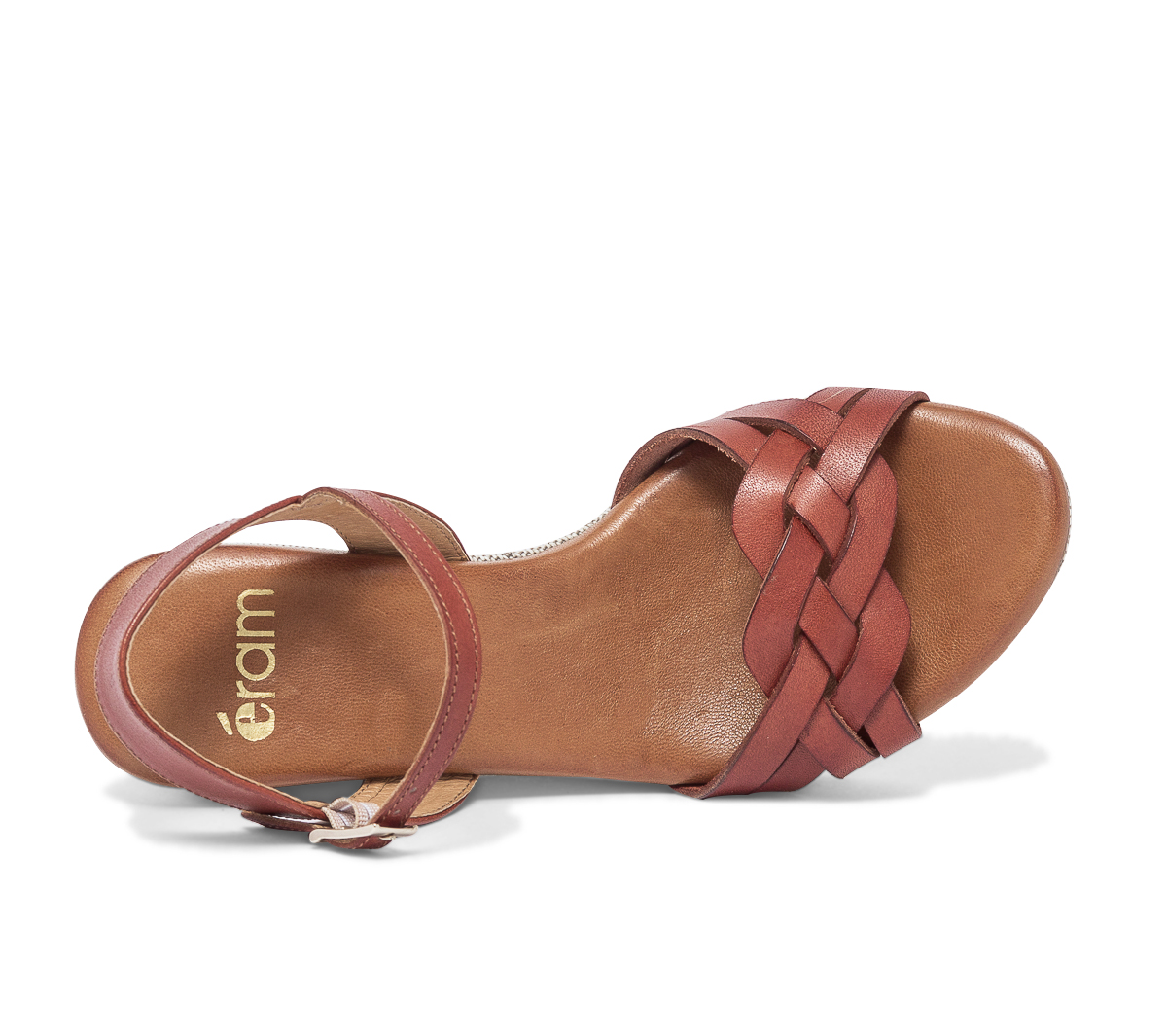 Sandale compensée cognac en cuir à bride tressée