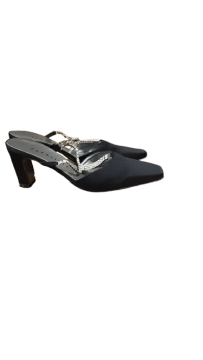 mules à talon de couleur noir avec strass de seconde main