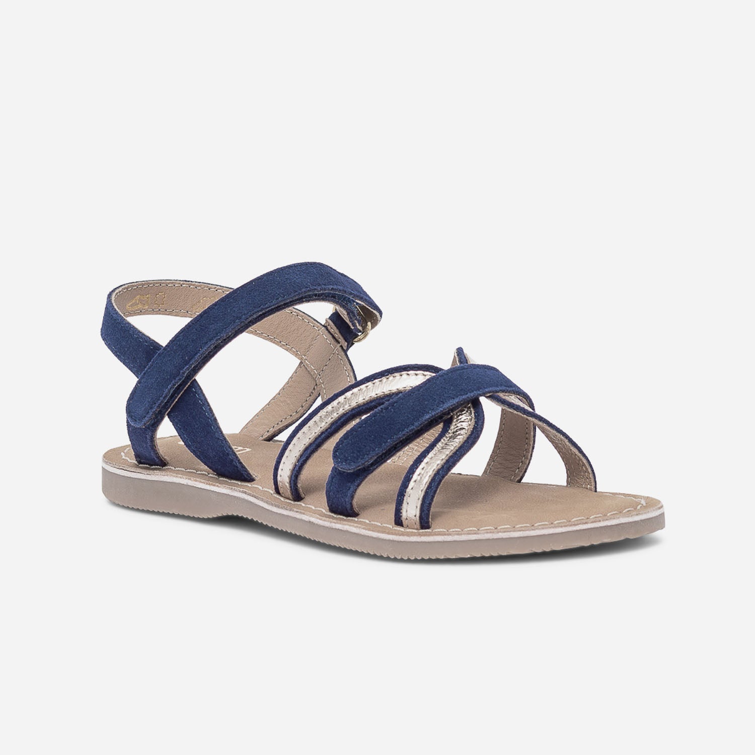 Sandale bleu marine et or en cuir velours