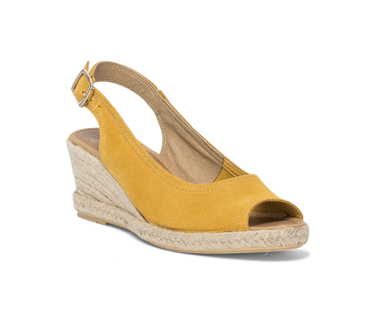 Sandale compensée jaune en cuir velours