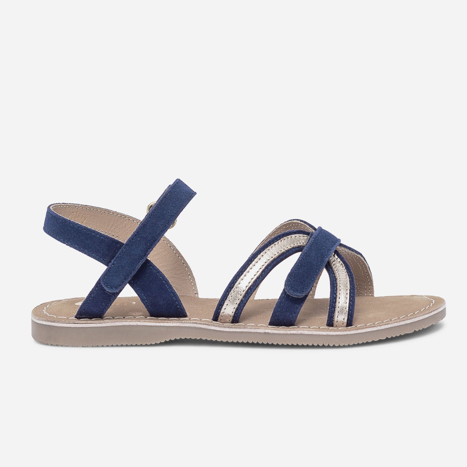 Sandale bleu marine et or en cuir velours