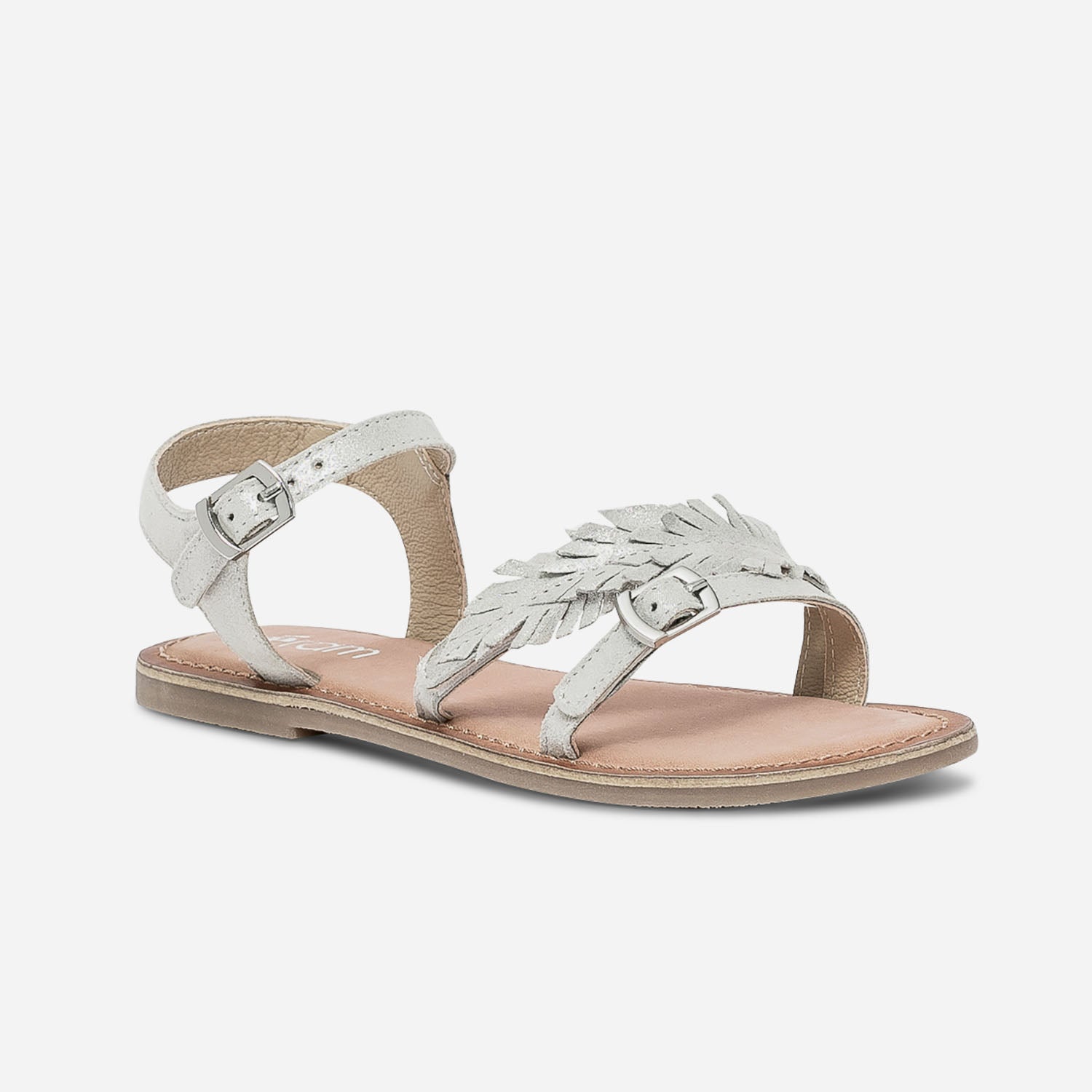 Sandale argentée en cuir irisé à feuilles