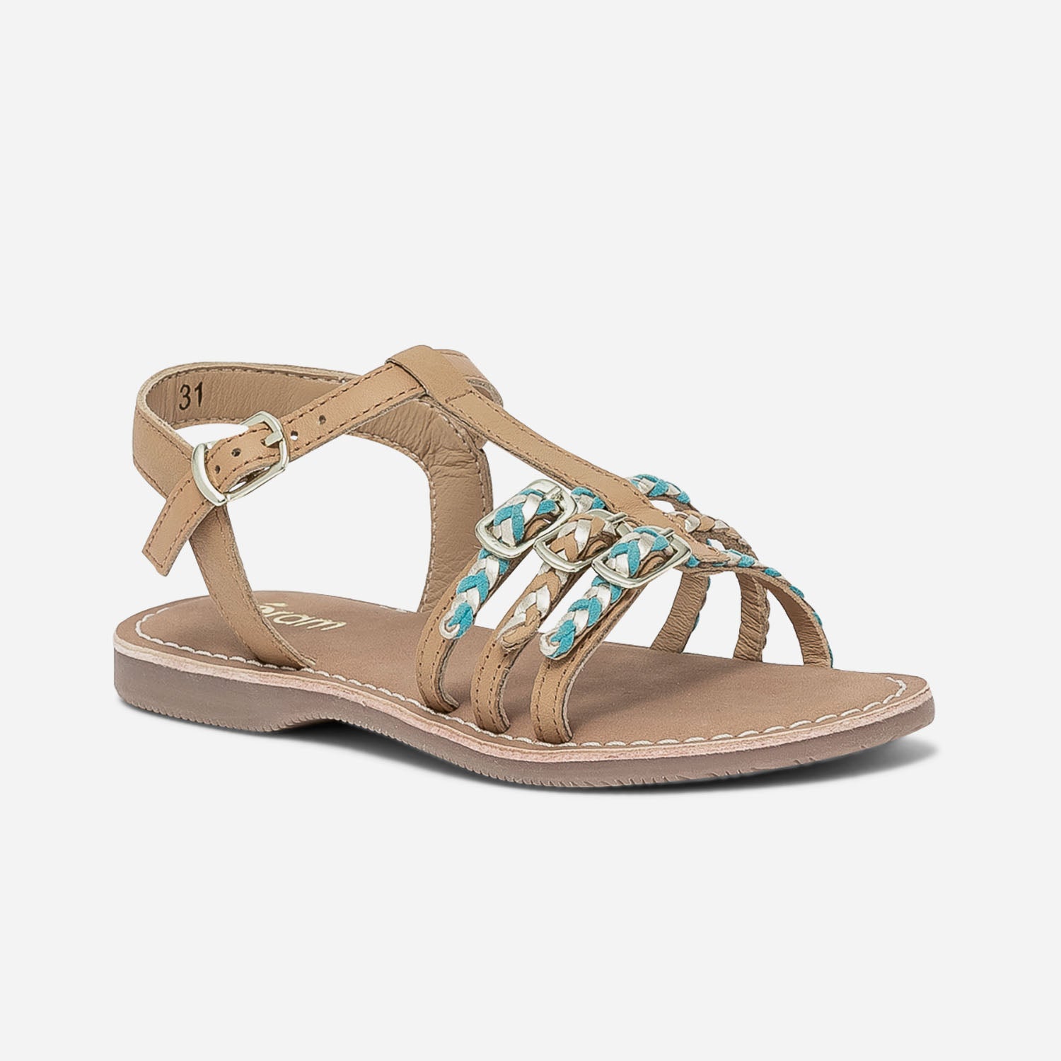 Sandale camel en cuir à brides tressées