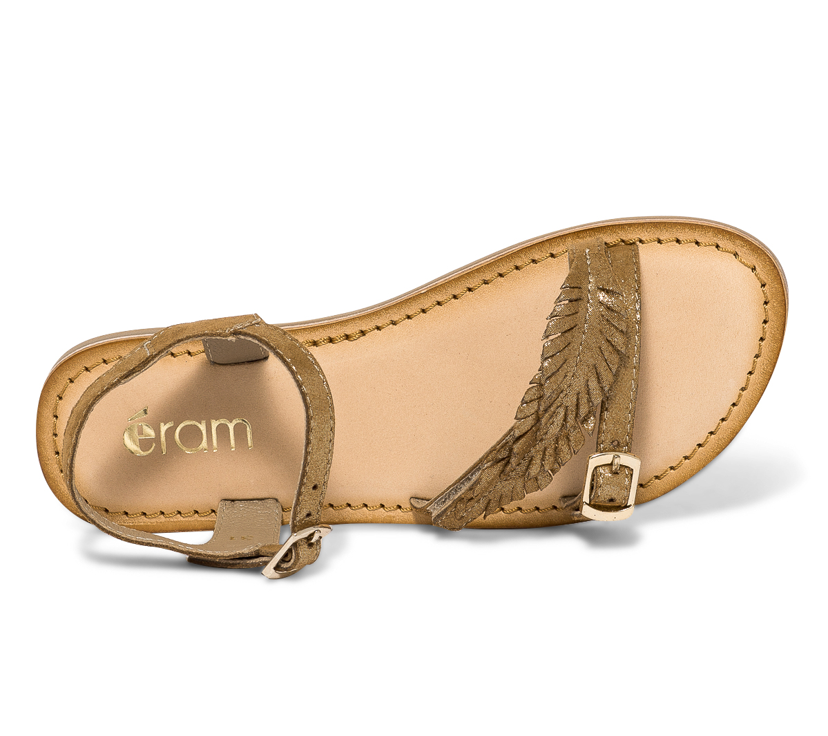 Sandale camel en cuir métallisé or à feuilles