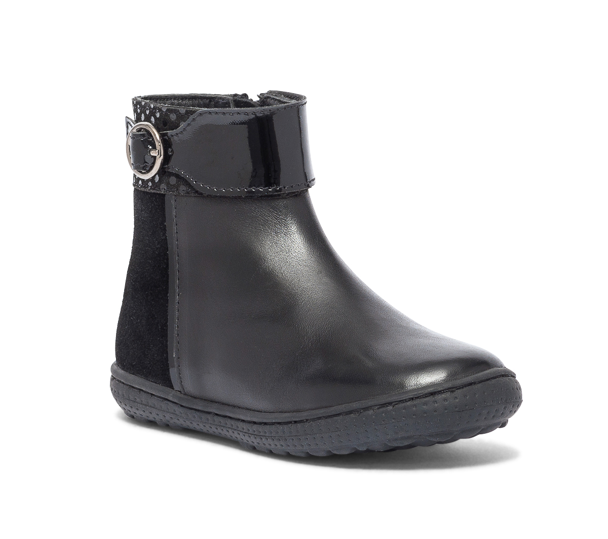Boots noir bi matière à boucle vernie