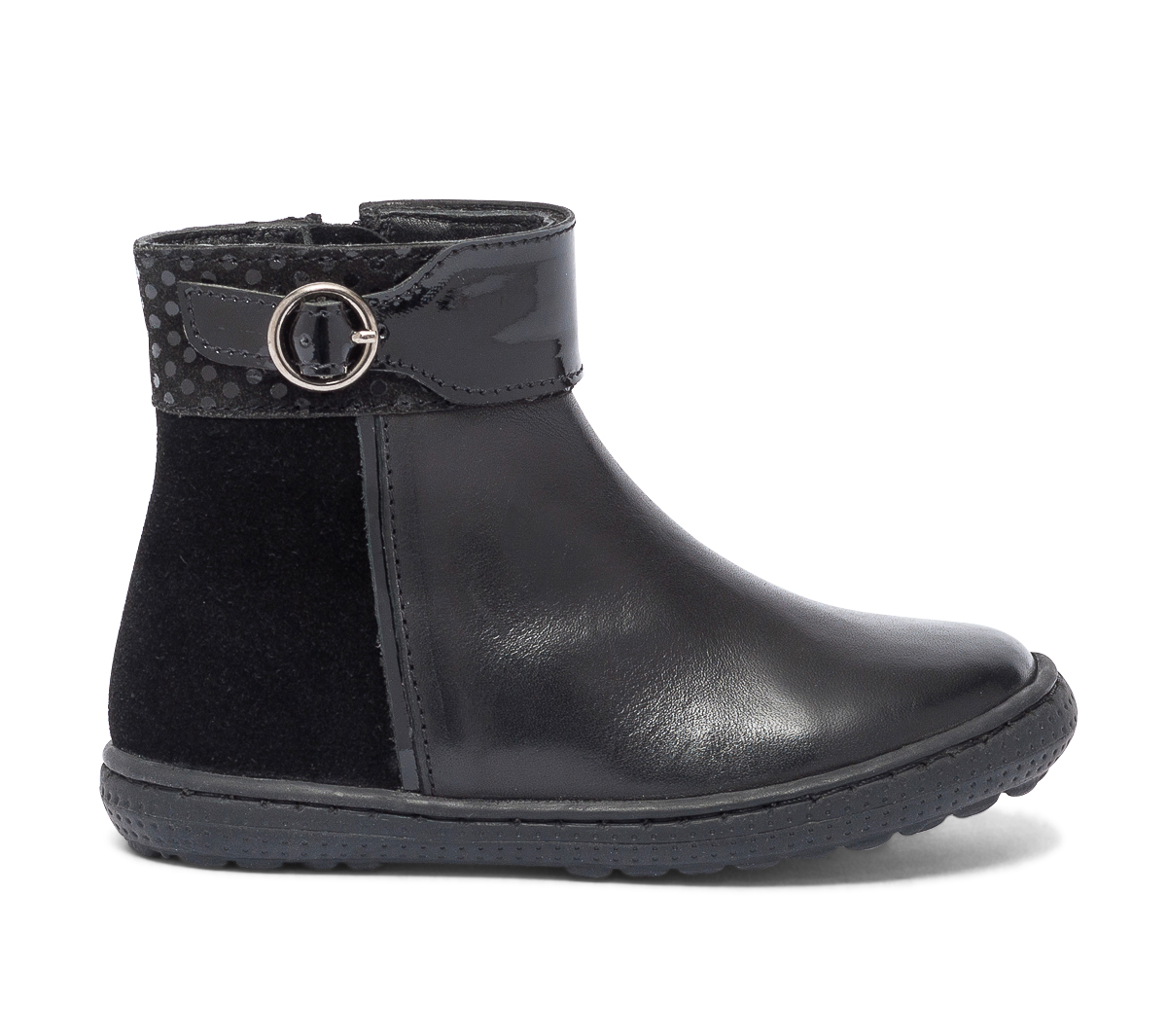 Boots noir bi matière à boucle vernie