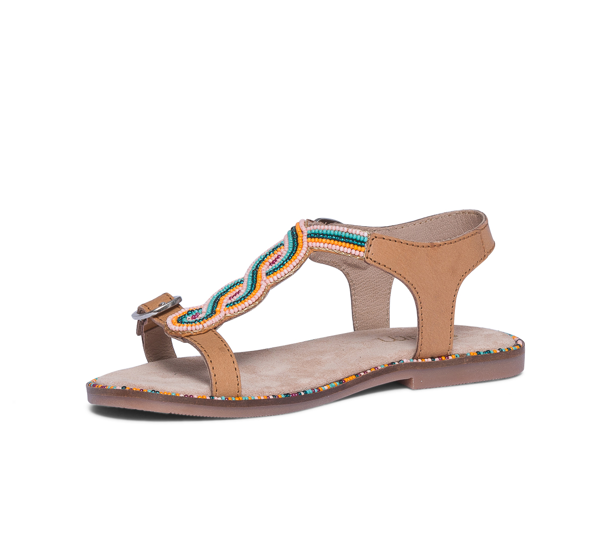 Sandale beige en cuir brodé perles rouges