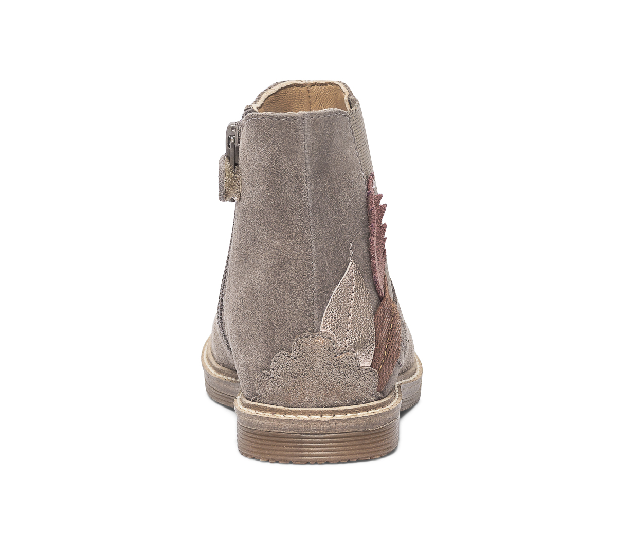 Chelsea boots taupe irisé en cuir velours avec plumes