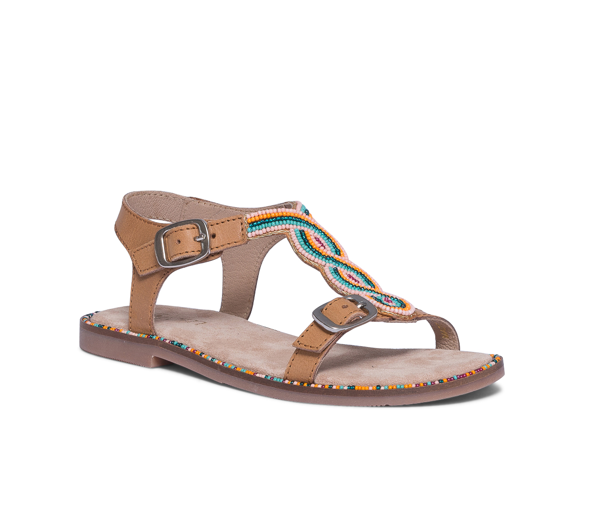 Sandale beige en cuir brodé perles rouges