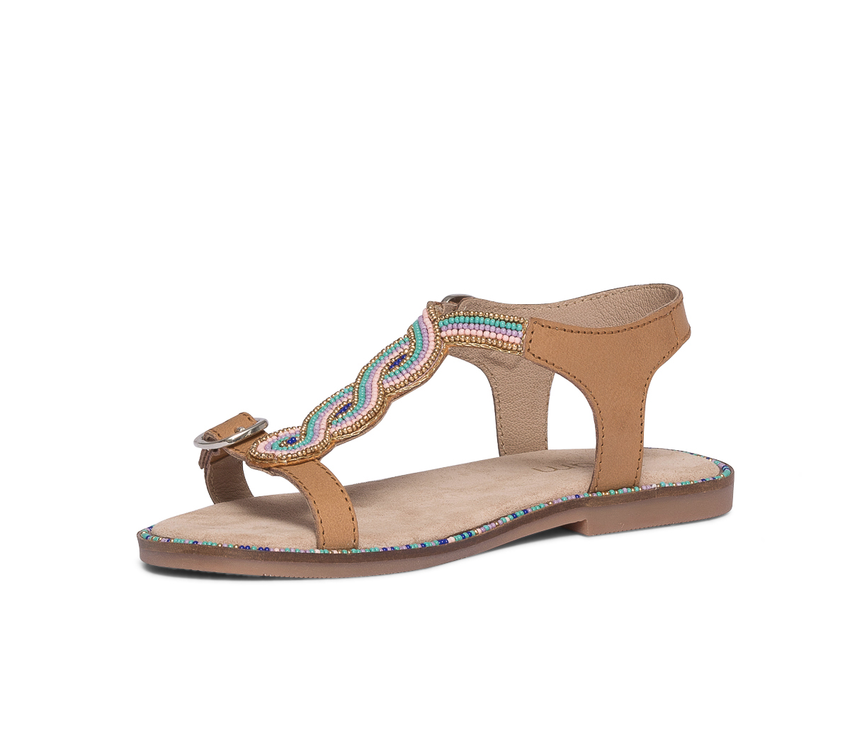 Sandale beige en cuir brodée perles bleues