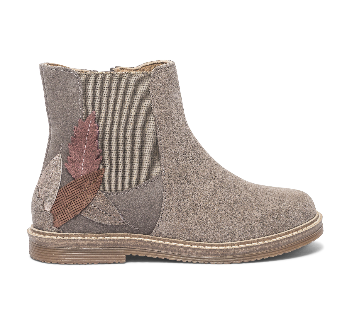 Chelsea boots taupe irisé en cuir velours avec plumes