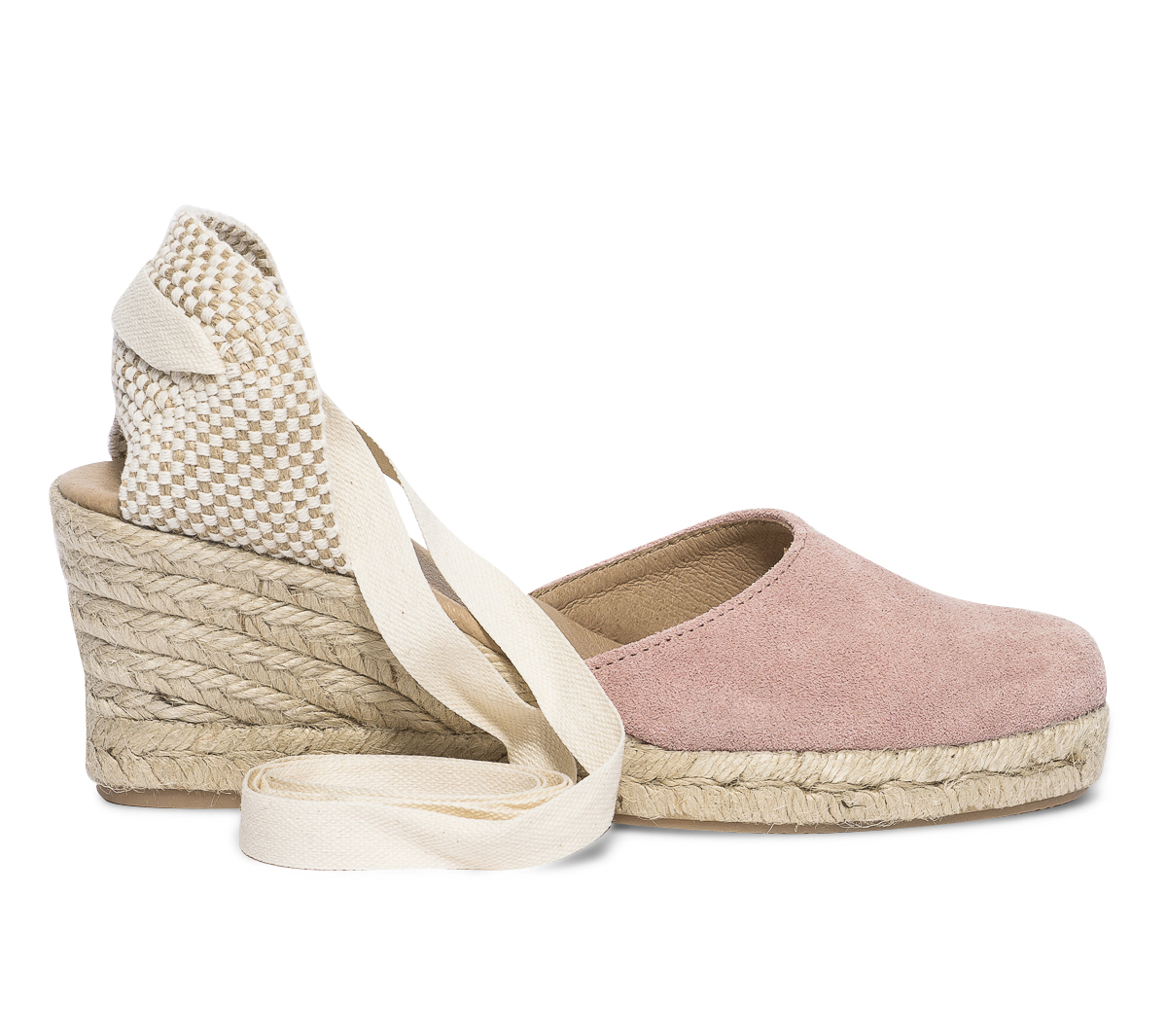 Espadrille compensée rose en cuir velours