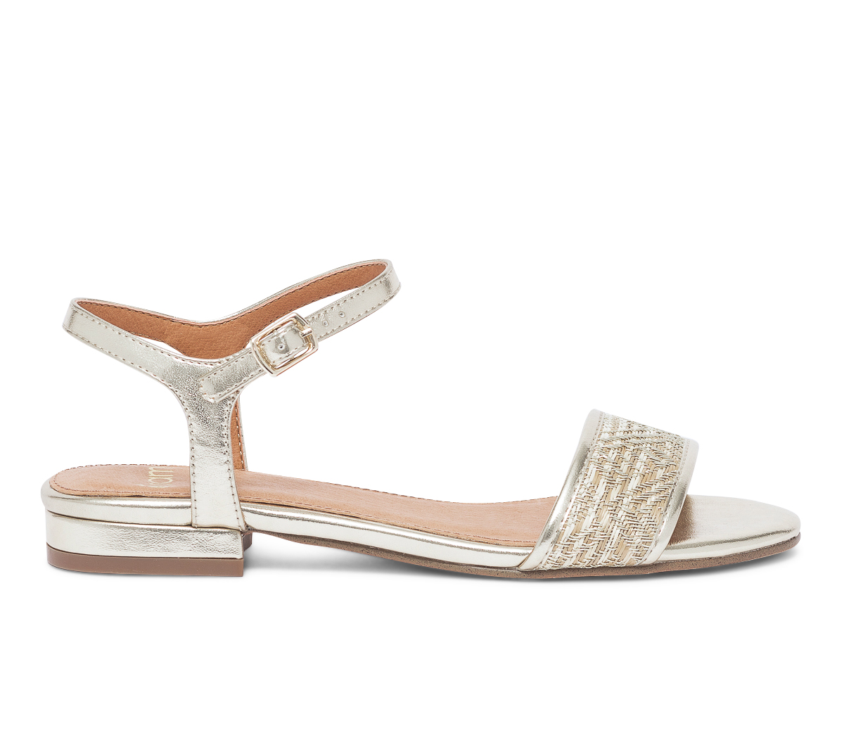 Sandale or à bride beige effet raphia brodée or