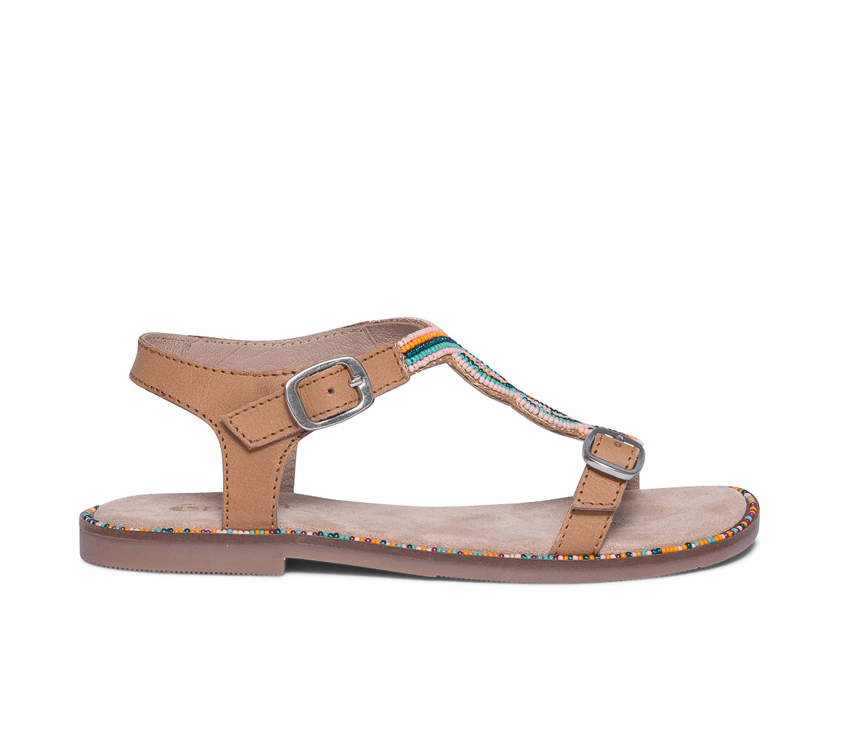 Sandale beige en cuir brodé perles rouges