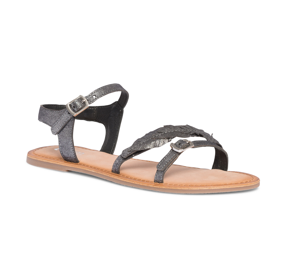 Sandale noire en cuir métallisé avec feuilles